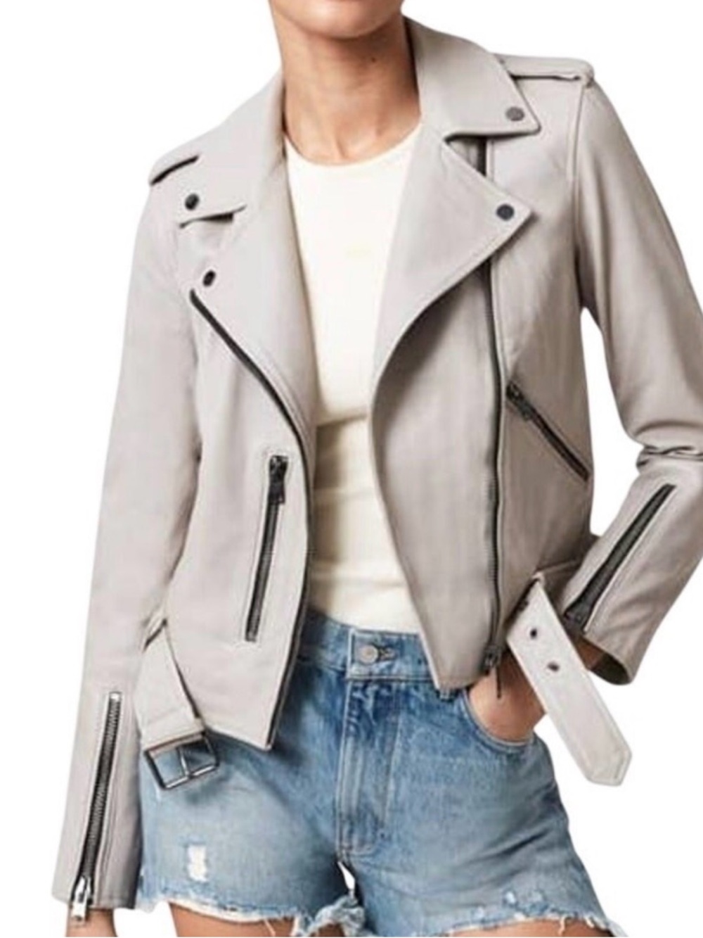 AllSaints Balfern Leather Biker Jacket Women’s 4 Gray Beige Moto Edgy Concert